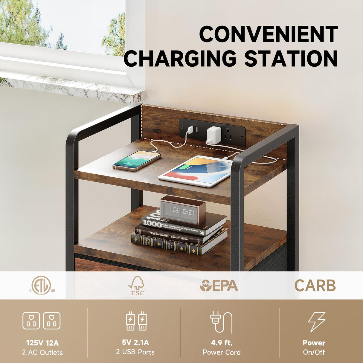 Night Stand Bedside Table Bedroom - Nightstand with Charging Station, Bed Side Table with LED Light Strip, End Table with U-S-B Ports & AC Outlets, Storage Shelf & 2 Fabric Drawers, Rustic Brown Lazzanto