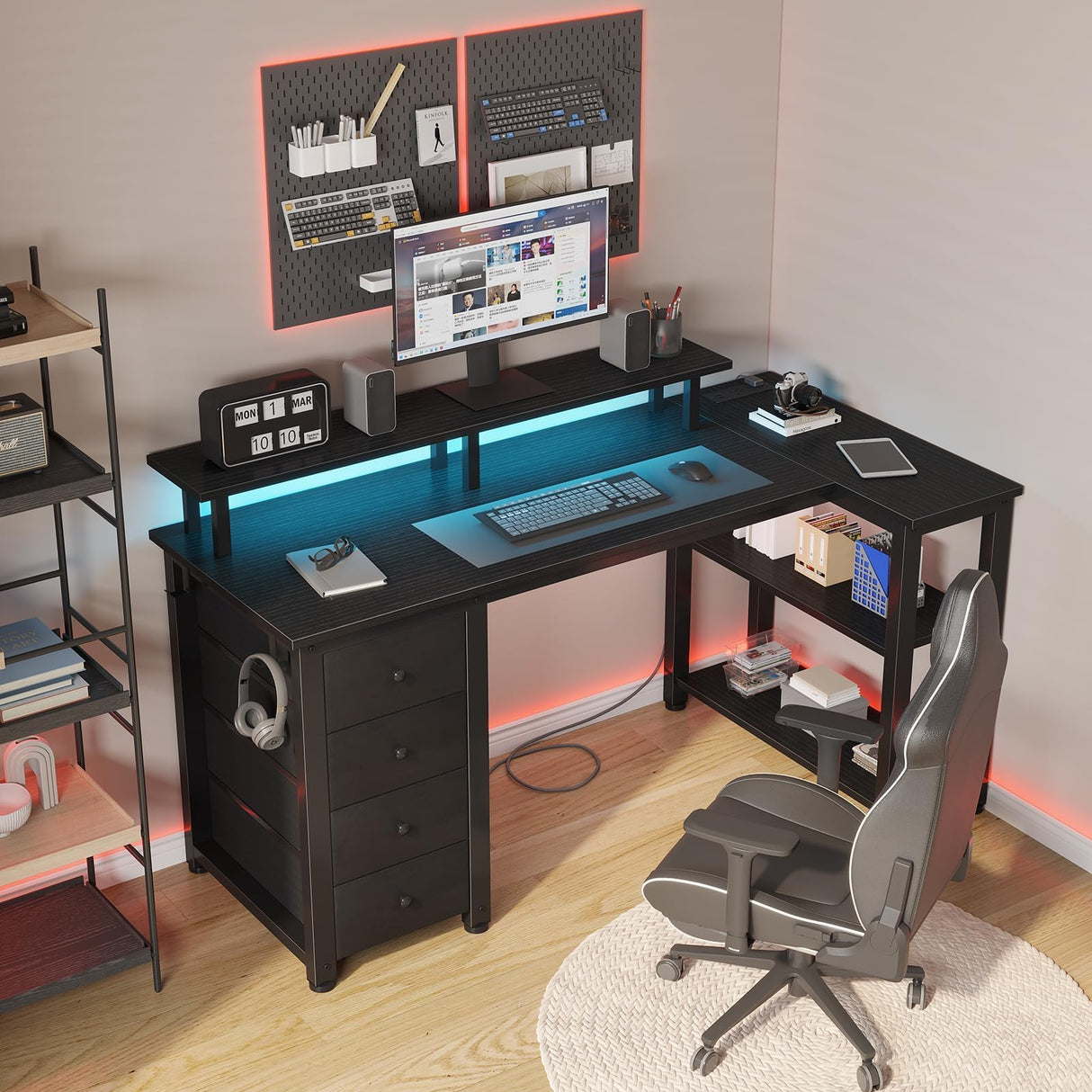 Lufeiya L Shaped Gaming Desk with Led Lights and Power Outlets, 47 Inch Writing Study Computer Desks with Fabric Drawers for Bedroom, Corner Home Office Desk with Monitor Stand Shelves, Black Lufeiya