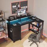 Lufeiya L Shaped Gaming Desk with Led Lights and Power Outlets, 47 Inch Writing Study Computer Desks with Fabric Drawers for Bedroom, Corner Home Office Desk with Monitor Stand Shelves, Black Lufeiya