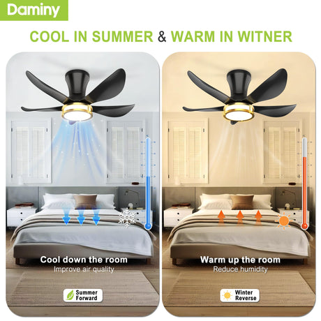 DAMINY 30 Inch Black and Gold 5 Blade Ceiling Fan with Light, Modern Ceiling Fan with Remote,Large Airflow,Flush Mount,6CCT,Dimmable,Noiseless,Bedroom Ceiling Fan DAMINY