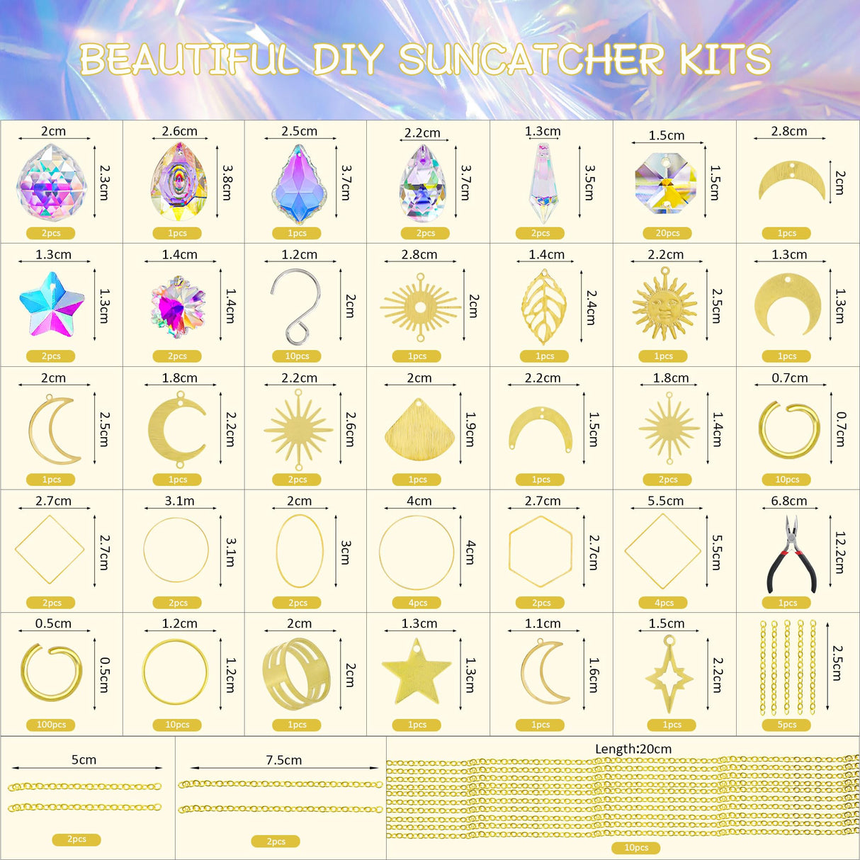 H&D HYALINE & DORA 215pcs DIY Crystal Suncatcher Kits for Adults Art Crafts Set with Rainbow Maker Prisms Pendant Sun Catchers Hanging Decor for Window Garden Wedding, Gold H&D HYALINE & DORA