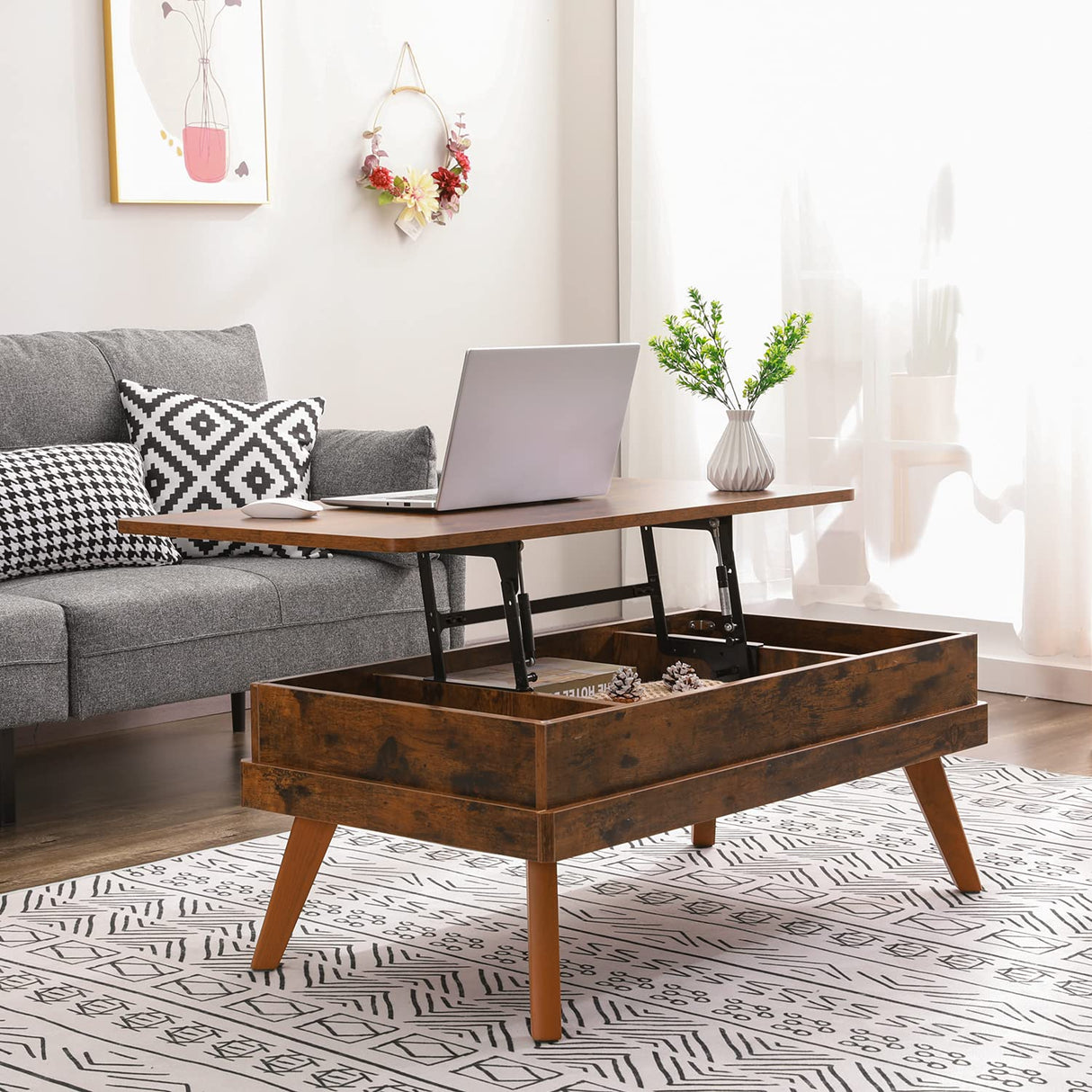 Bidiso Lift Top Coffee Table, Easy-to-Assembly Center Table with Hidden Storage Compartment, Industrial Lift Tabletop Dining Table for Living Room Reception/Home Office, Rustic Brown Bidiso