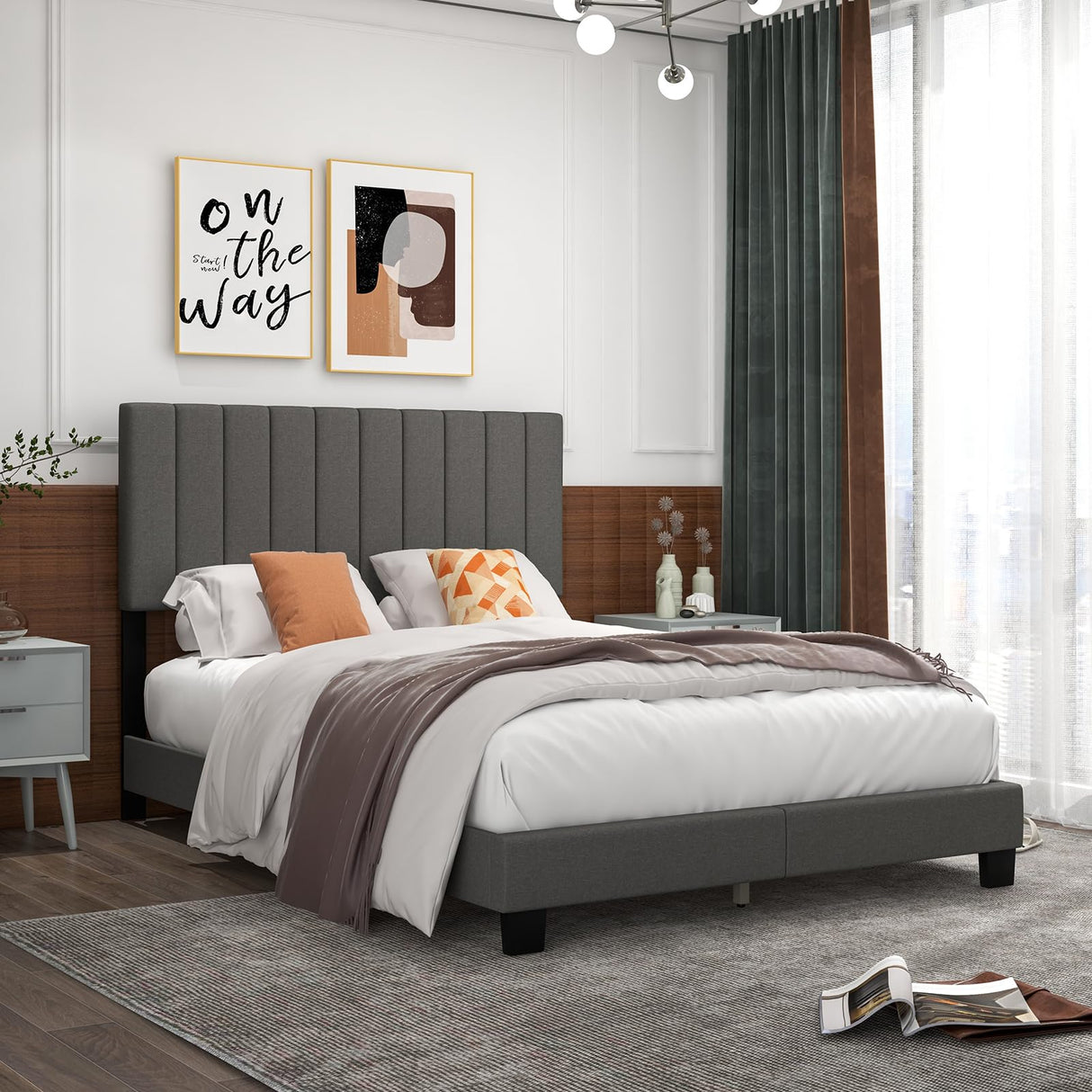 Giantex Modern Upholstered Queen Size Bed Frame with Linen Headboard and Solid Wood Legs Giantex