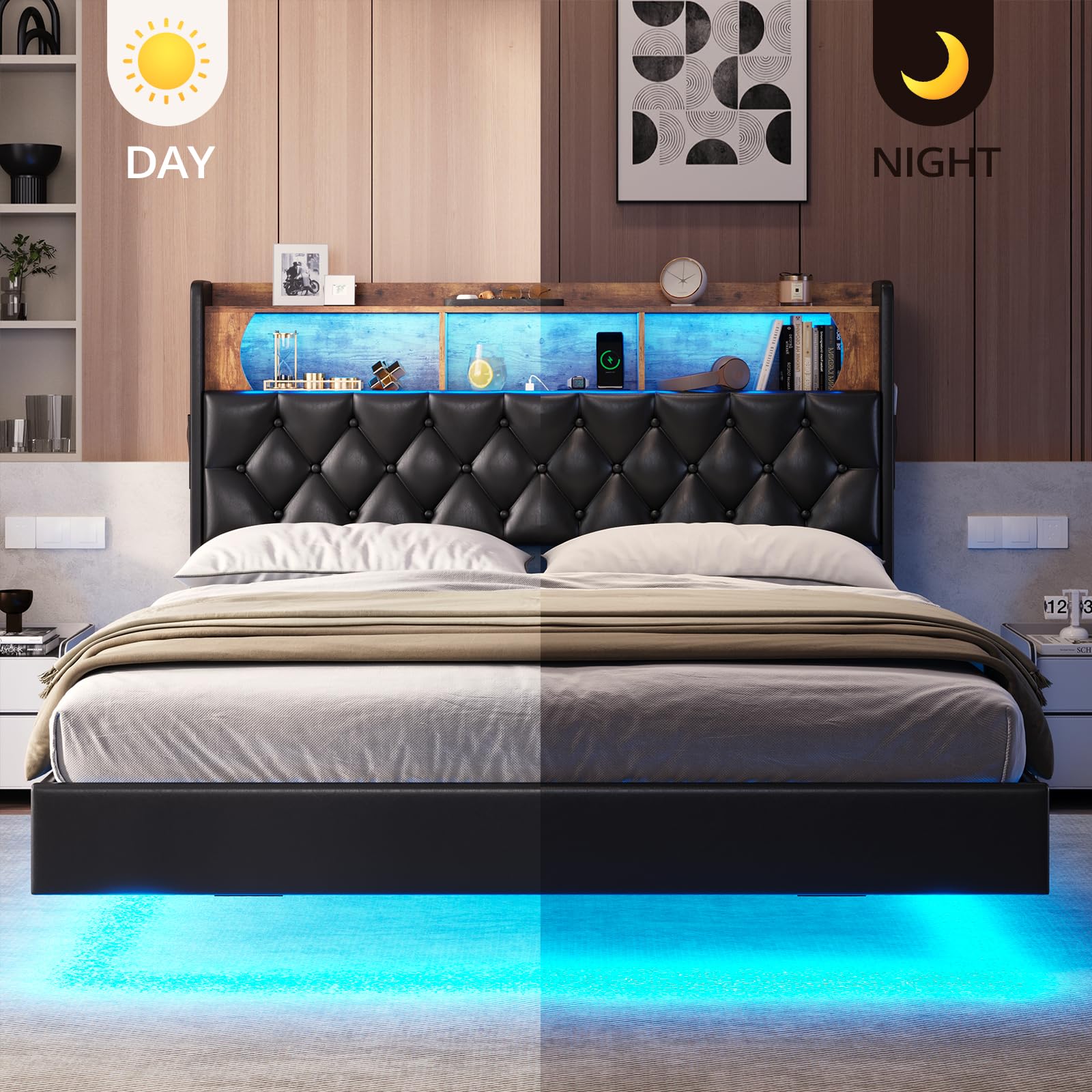 BTHFST Queen Size Floating Bed Frame with LED Lighting, Charging Station & Storage Headboard in Black - WoodArtSupply