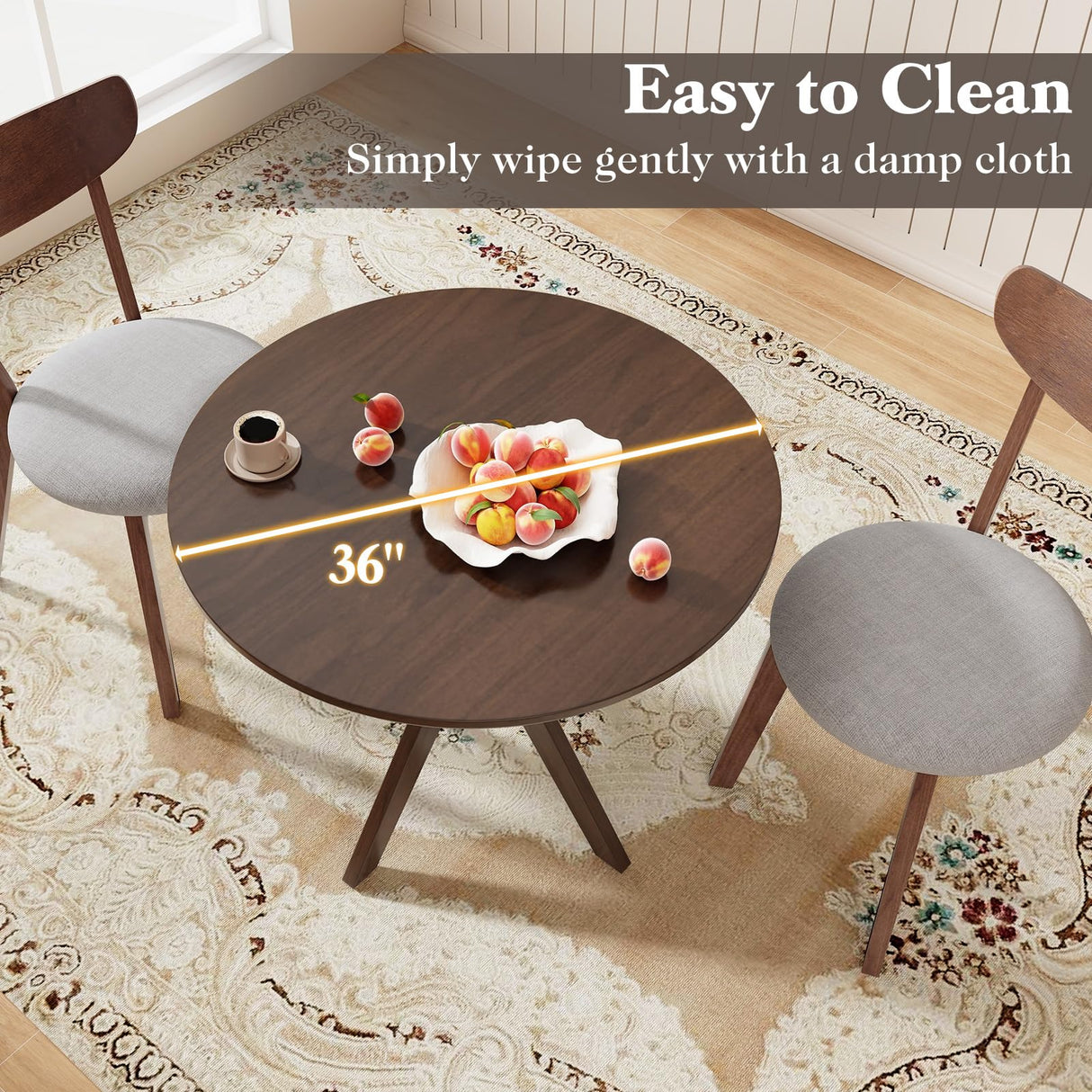 ERGOMASTER Round Dining Table for 2 to 4 Seater, Solid Wood Kitchen Table, Compact Side Table - 36 Inch Walnut Wood Tabletop - Trestle Pedestal Base - Ideal for Home, Apartment, Small Space ERGOMASTER