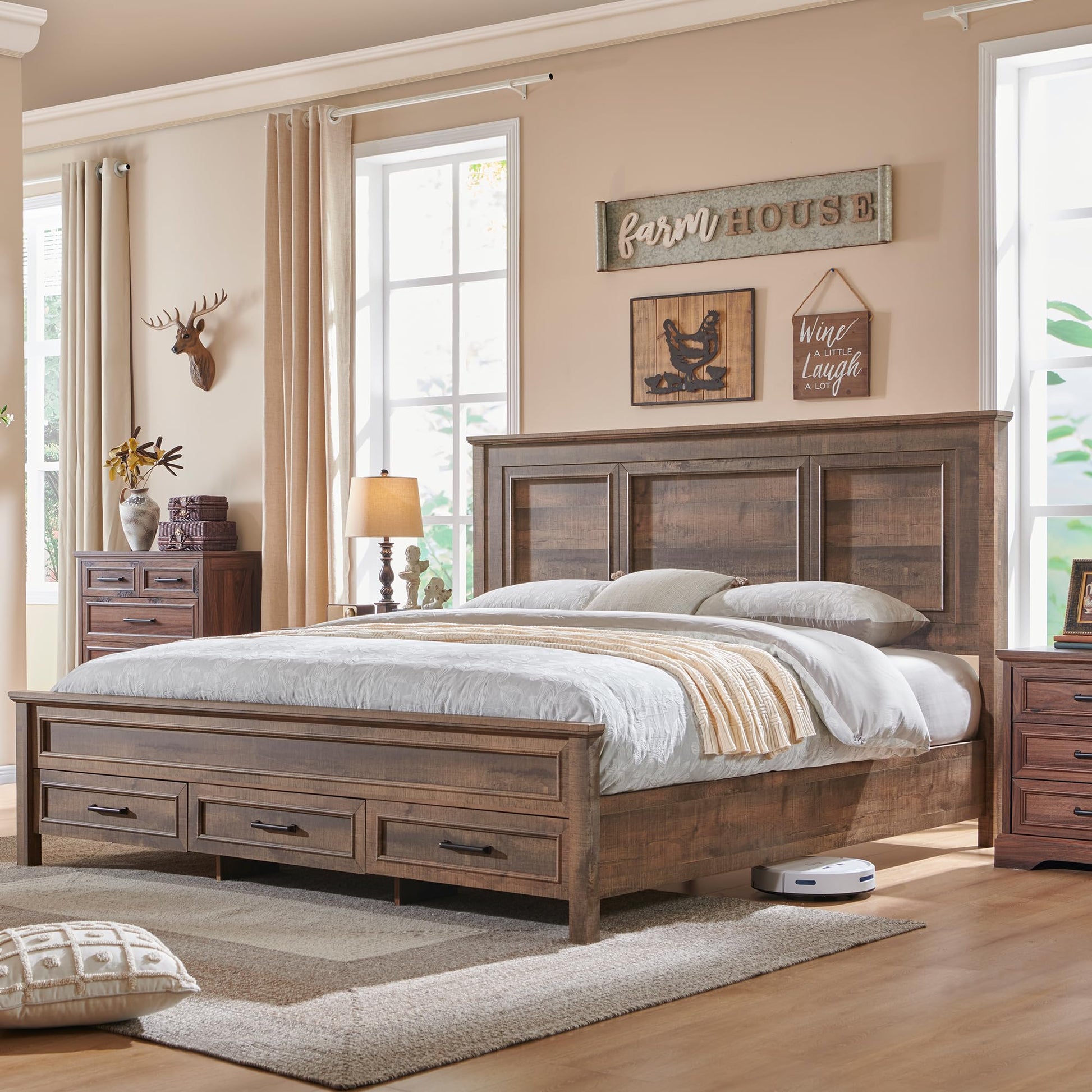 ACCOHOHO Farmhouse Queen Size Bed Frame with 52" Tall Full-Panel Headboard, Wood Platform Bedframe with Footboard and Storage Drawers, No Squeak, No Box Spring Needed, Light Brown - WoodArtSupply