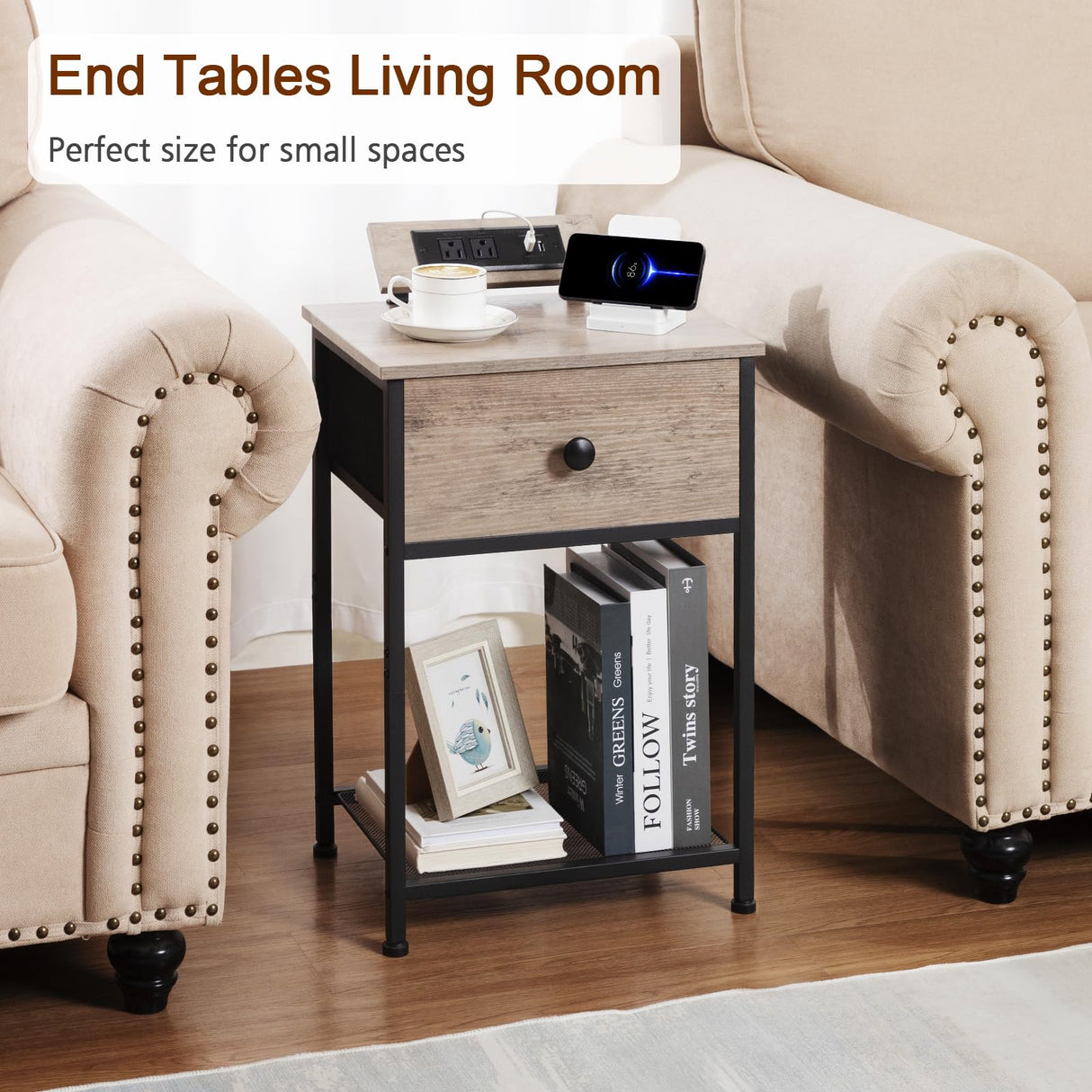 AMHANCIBLE Night Stand, End Tables Living Room Set of 2, Small Nightstand with Charging Station, Slim Bed Side Table with Fabric Storage Drawer for Bedroom, Small Space, Greige, HET03SDPGY AMHANCIBLE