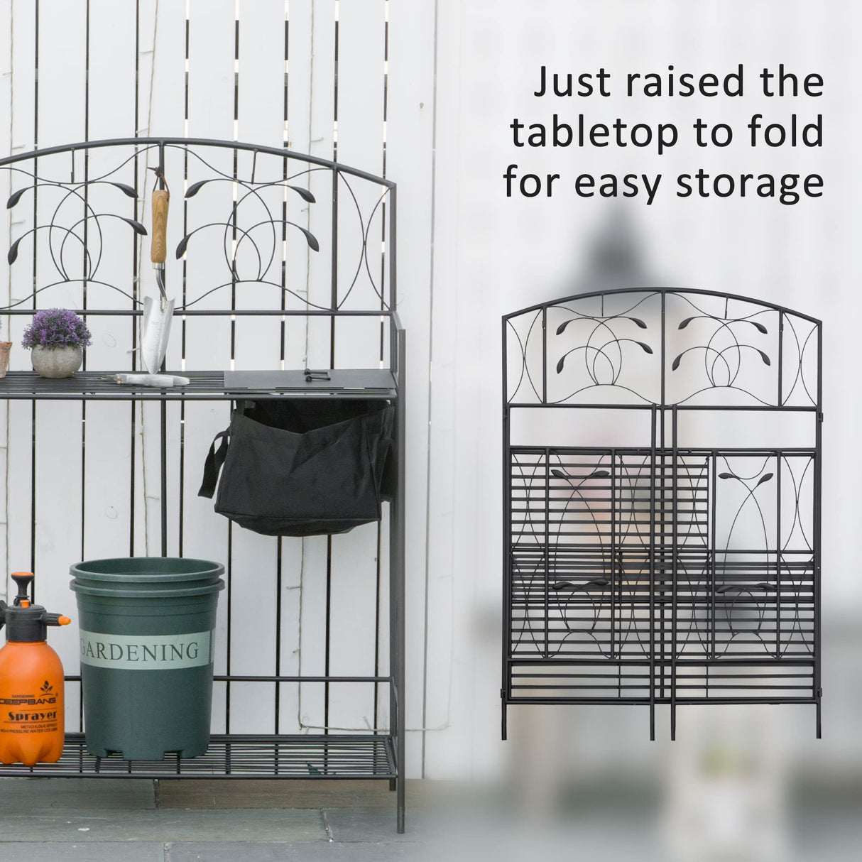 Outsunny Folding Potting Bench Table, Metal Garden Workstation, Work Bench with Large Built-in Bag with Cover, 5 Hanging Hooks & Storage Shelf, Leaf Pattern Outsunny