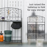 Outsunny Folding Potting Bench Table, Metal Garden Workstation, Work Bench with Large Built-in Bag with Cover, 5 Hanging Hooks & Storage Shelf, Leaf Pattern Outsunny