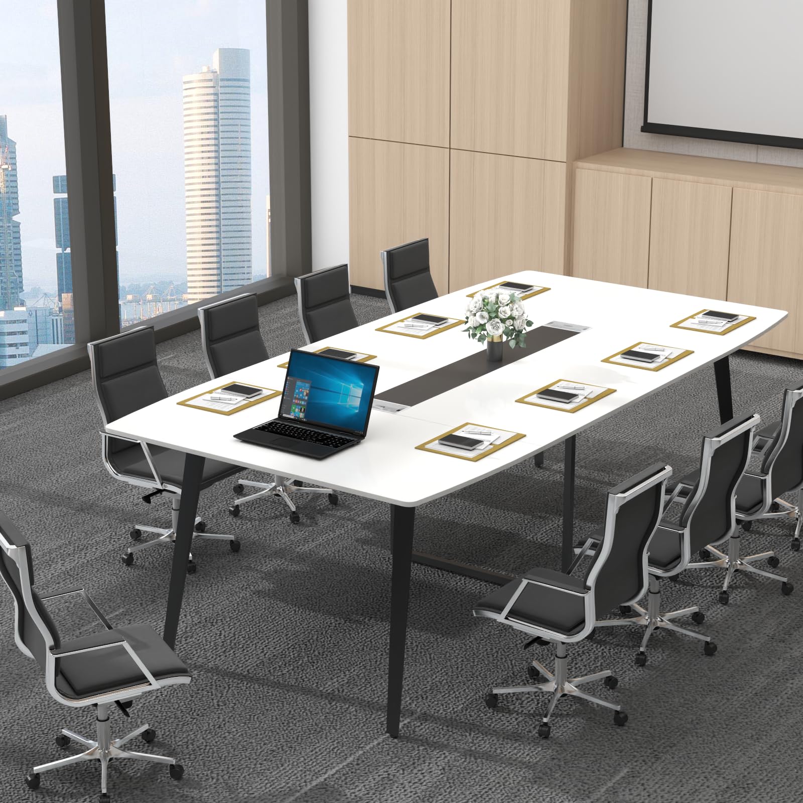 Loomie 8FT Conference Table, 94.49" L x 47.24" W x 29.53" H Meeting Seminar Table with Grommet, Large Boat Shaped Computer Desk, Boardroom Desk for Office Meeting Conference Room,White - WoodArtSupply