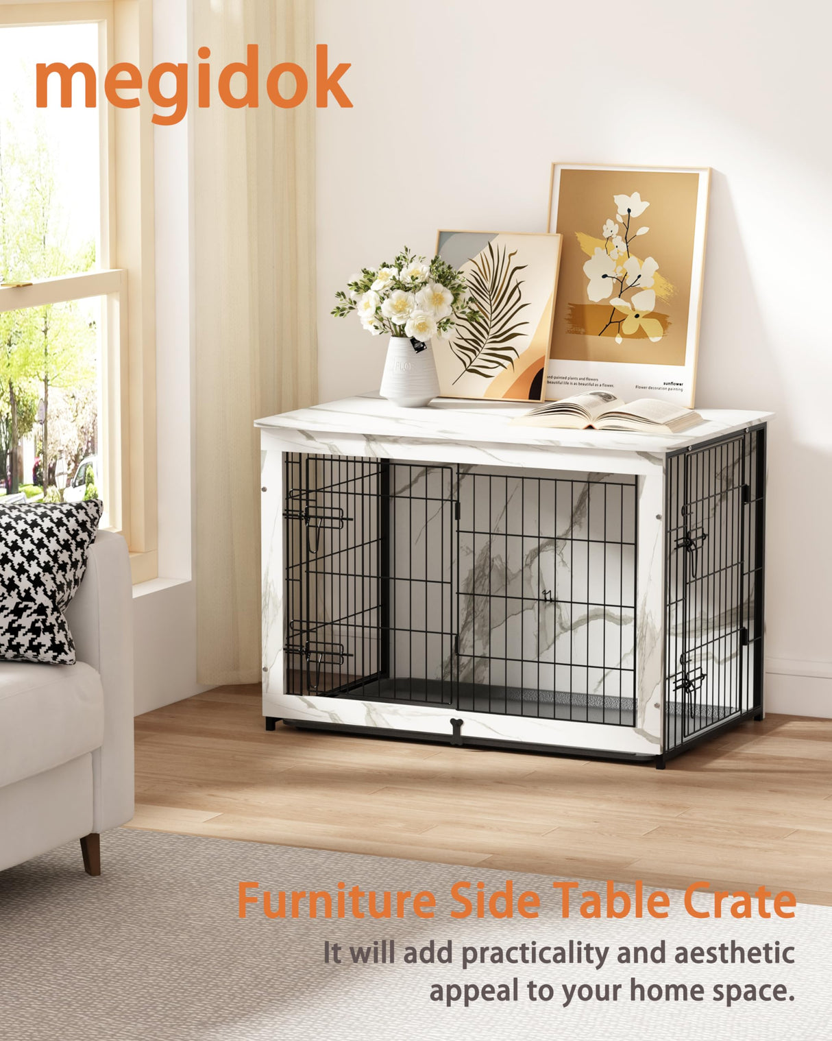 Megidok Wooden Dog Crate Furniture with Cushion,Large Dog Crate End Table with Tray, Double Doors Kennels Indoor (37" L*25" W*26" H, Marble White) Megidok