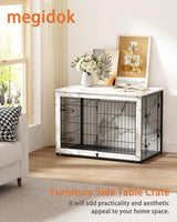 Megidok Wooden Dog Crate Furniture with Cushion,Large Dog Crate End Table with Tray, Double Doors Kennels Indoor (37" L*25" W*26" H, Marble White) Megidok