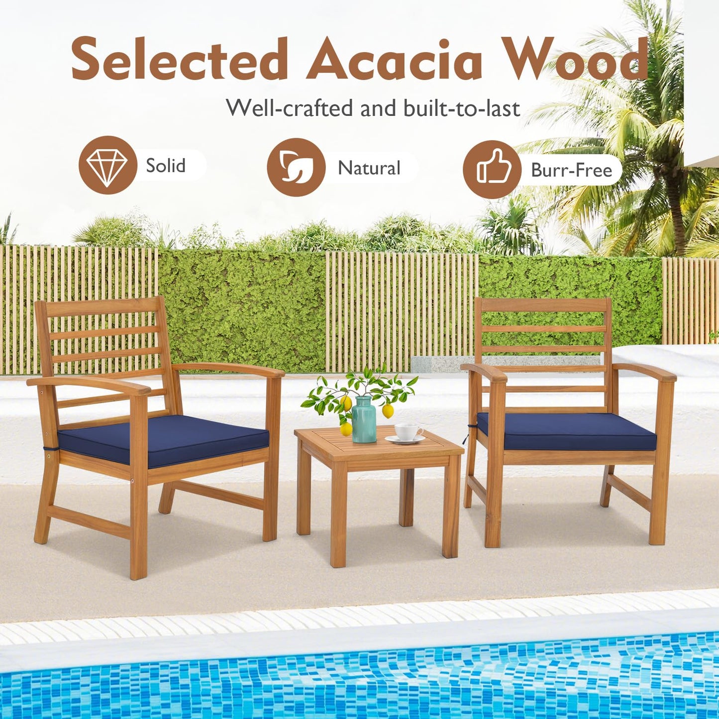 Tangkula 3 Pieces Outdoor Furniture Set, Acacia Wood Conversation Set with Soft Seat Cushions, Stable Acacia Wood Frame, Patio Sofa & Coffee Table Set for Backyard, Porch, Poolside (Navy) - WoodArtSupply