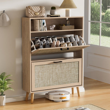 VECHOLL Rattan Shoe Cabinet with 2 Flip Drawers Freestanding Shoe Storage Cabinet for Entryway Slim Hidden Shoe Cabinet with Open Shelf Boho Shoe Rack Cabinet for Hallway, Natural Oak VECHOLL