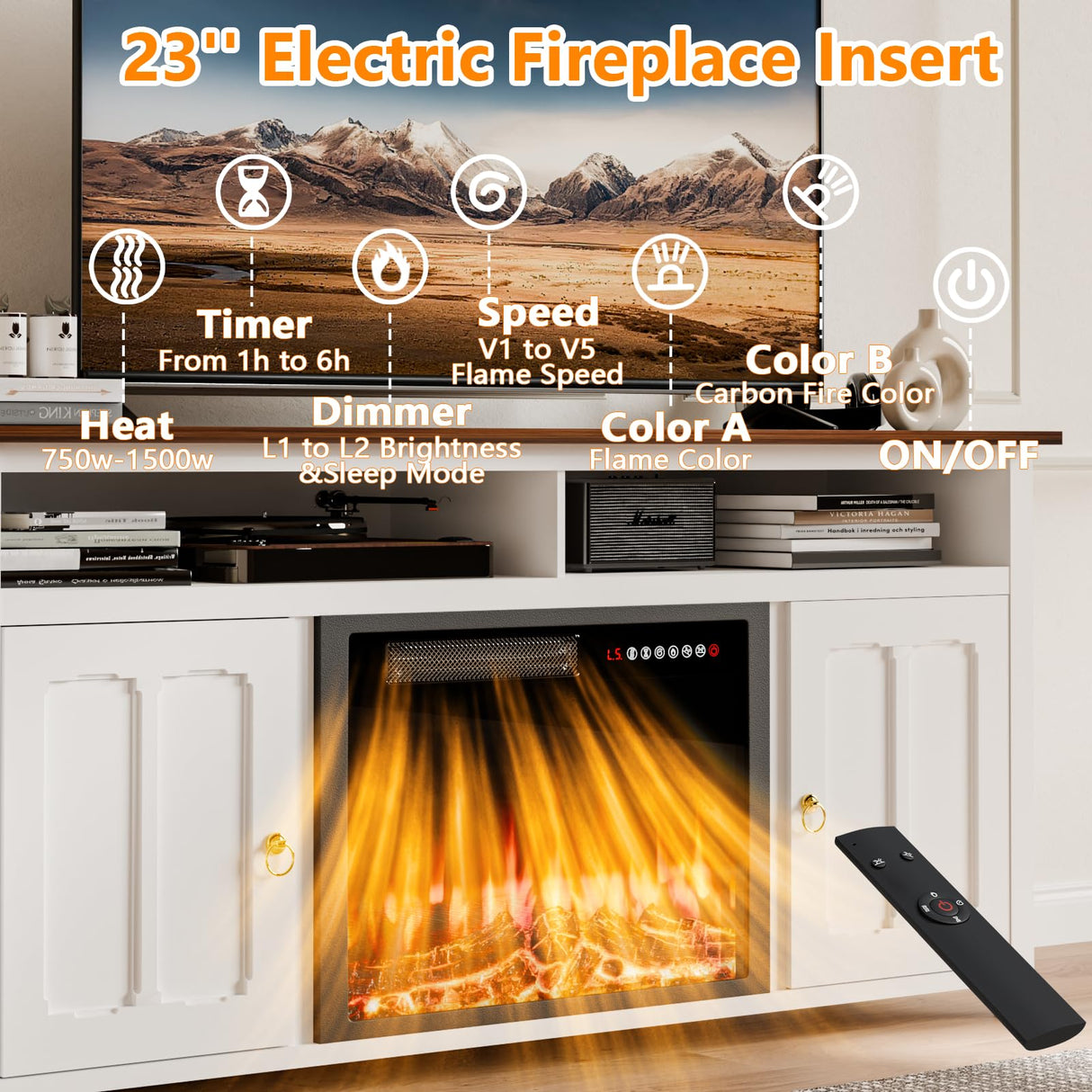 PUKAMI 58" Fireplace TV Stand with 23" Electric Fireplace Up to 65" TVs, 29" Tall Farmhouse Wood Entertainment Center with Open Storage Shelves with Cabinets, Media TV Console for Living Room (Brown) PUKAMI