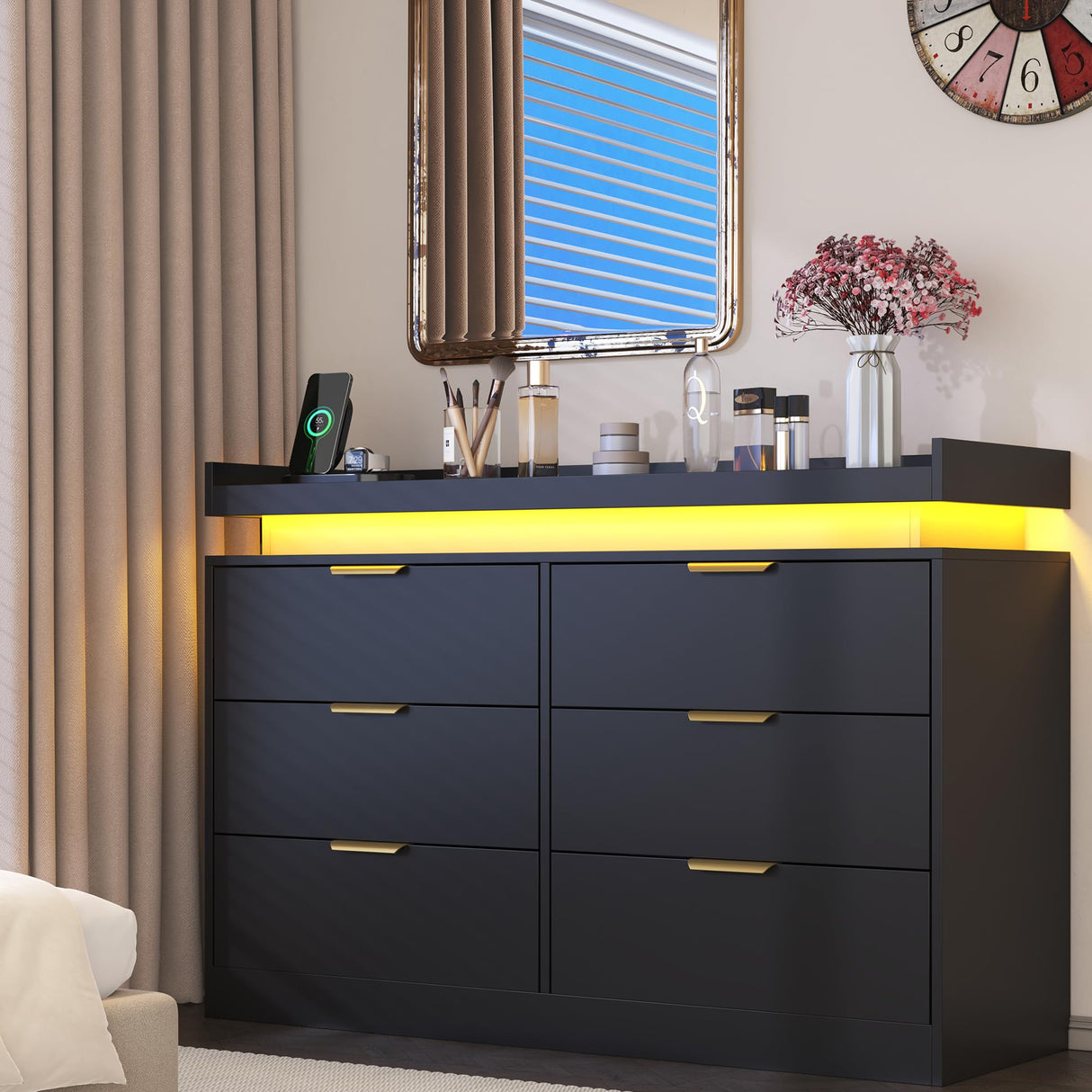 knoworld 6 Drawer Dresser for Bedroom, Black Dresser with LED Lights and Power Outlet, Wooden Dresser Modern Chest of Drawers, Tall Wide Drawer Dresser for Bedroom, Living Room, Entryway, Hallway knoworld
