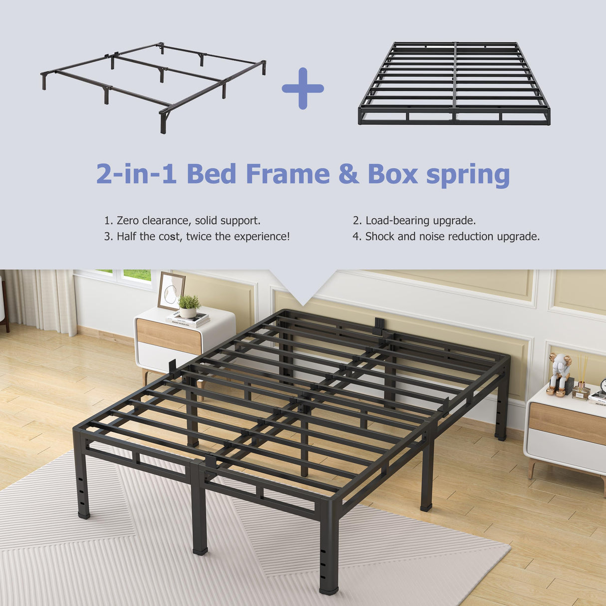 NKZ 24 Inch Queen Size Bed Frame, Metal Bed Frame & Box Spring 2 in 1 Platform with Round Corner Legs, 4000Lbs Heavy Duty Metal Frame, Mattress Slide Stopper, Headboard Hole, Noise-Free, Easy Assembly NKZ