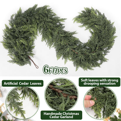 Waydress 1 Pcs 6 Feet Christmas Cedar Garland Thick and Lush Realistic Artificial Cedar Garland Green Faux Cedar Pine Needles Garland for Christmas Winter Home Mantel Fireplace Holiday Party Decor