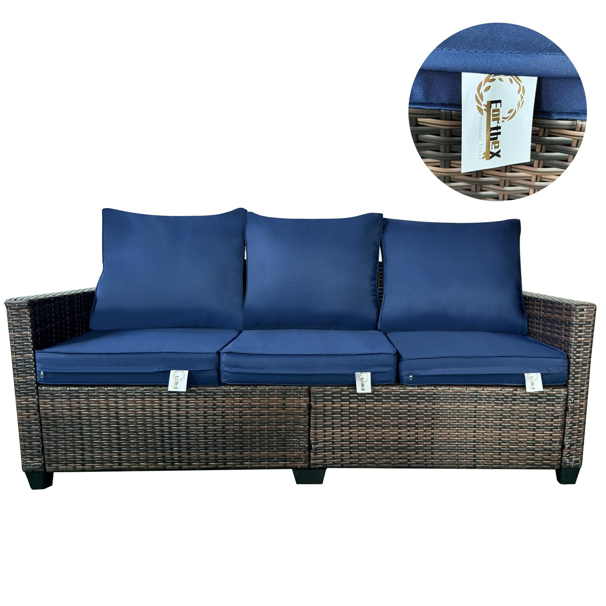 EortheX Outdoor Patio Sofa, 3-Seat Rattan Wicker Couch for Garden Deck or Porch, Comfortable All-Weather Patio Furniture with Anti-Slip Cushions (Blue) EortheX outdoor fancy
