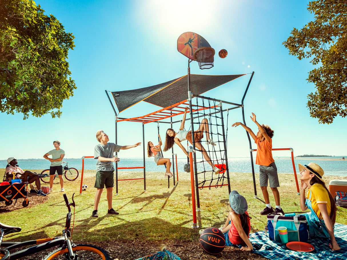 Vuly Ninja Quest Monkey Bars Extra Large Playset & Jungle Gym with Shade Cover, Cargo Net, Ninja Grips, Gym Rope, Jungle Rope, Flying Fox, Roman Rings, Boxing Bag & Punching Ball Vuly