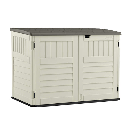 Suncast 5.9 ft. x 3.7 ft Horizontal Stow-Away Storage Shed - Natural Wood-like Outdoor Storage for Trash Cans and Yard Tools - All-Weather Resin, Hinged Lid, Reinforced Floor - Vanilla and Stoney Suncast