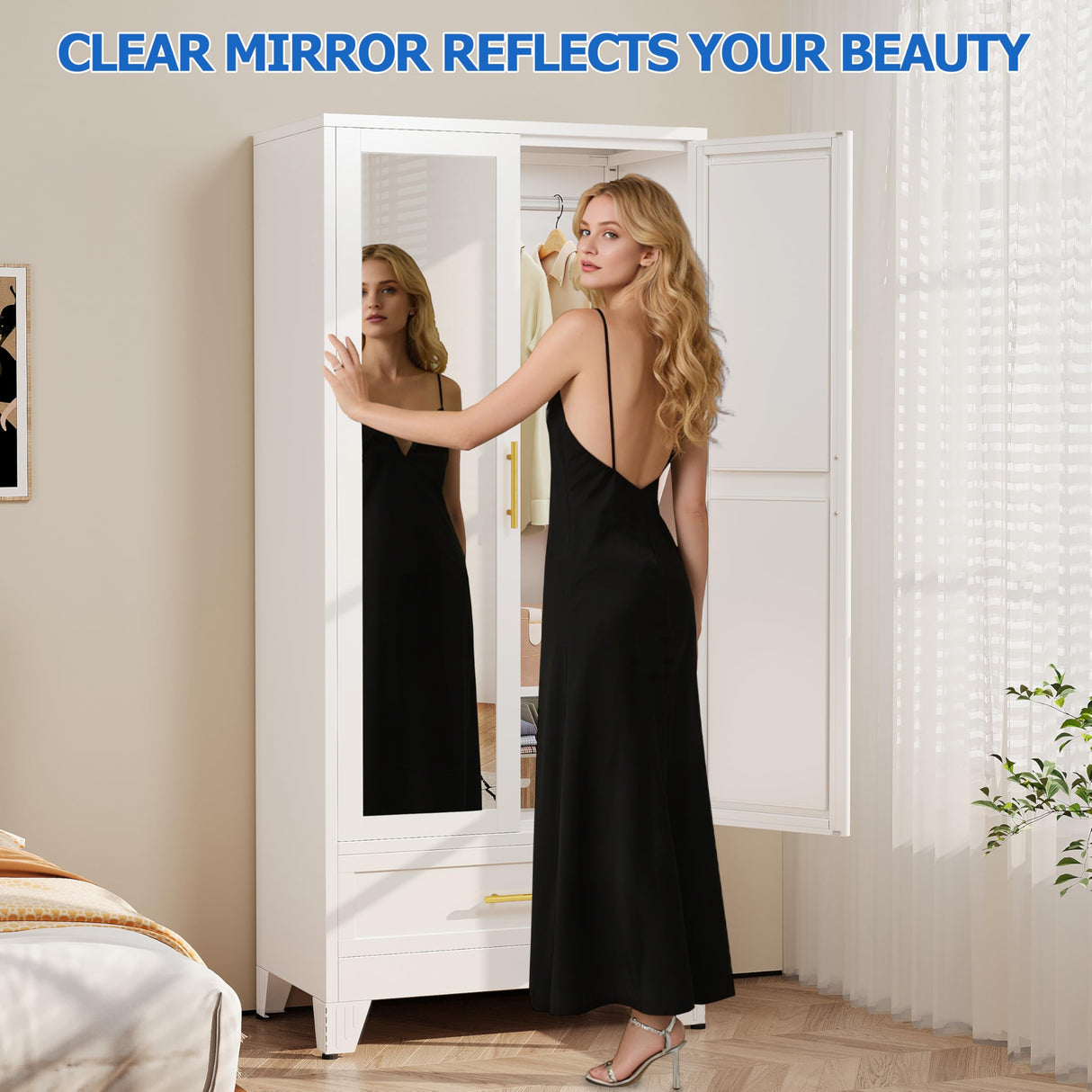 GAIOUS Steel Armoire Wardrobe Closet with Mirror Doors, 71" Household Wardrobe Cabinet with Hanging Rod and Drawer, Metal Clothing Storage Cabinet with Adjustable Shelf for Bedroom, Cloak, Gym(White) GAIOUS