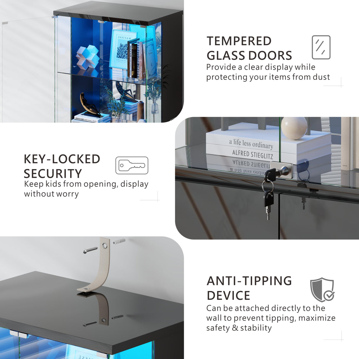 Lvifur 71” Glass Display Cabinet with Lights, Modern Curio Cabinet Display Cases for Collectibles, Locking Cabinet with Shelves & Drawers, Tall Bookcase with Human Body Sensor for Living Room (Black) Lvifur