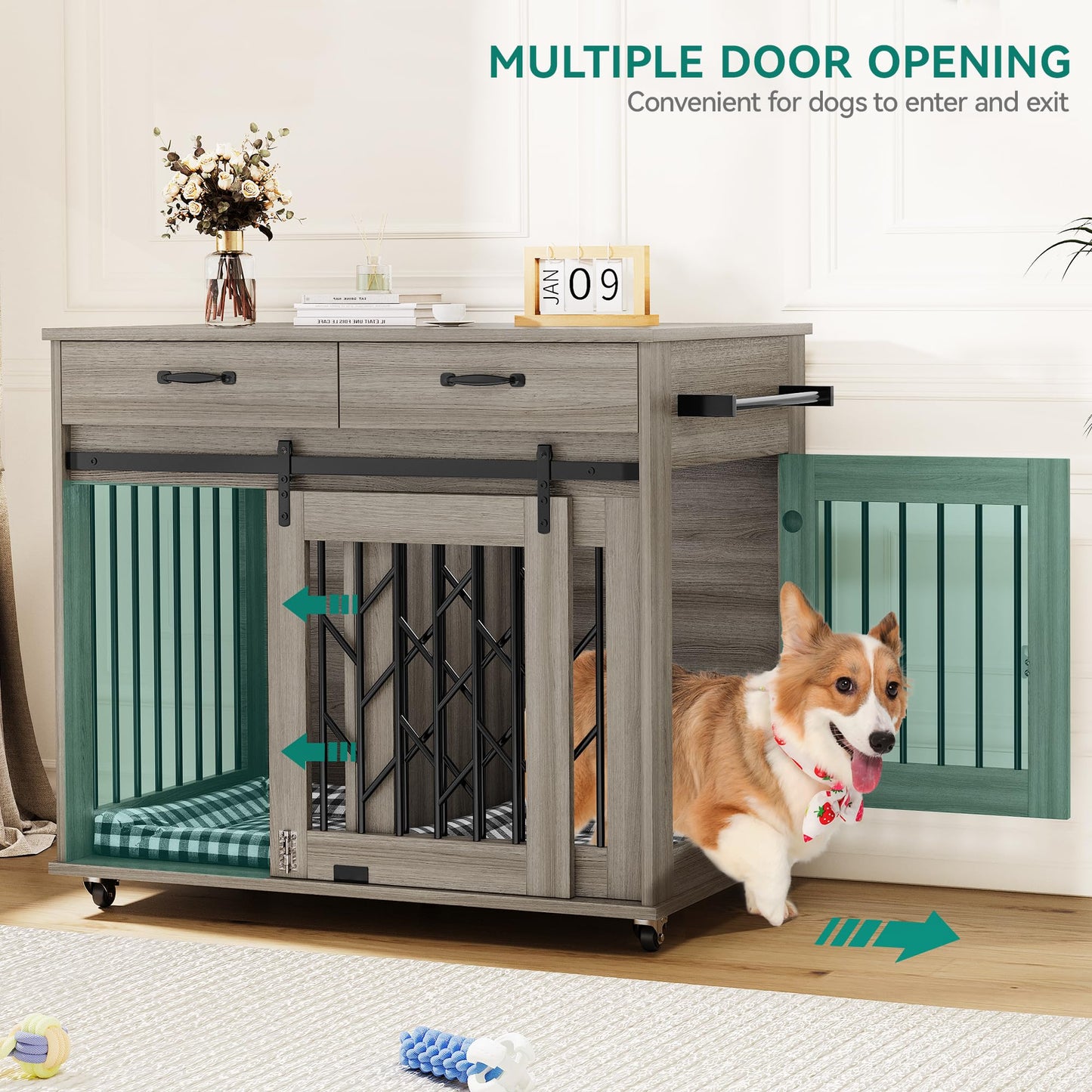 YITAHOME Dog Crate Furniture with Sliding Barn Door, 39" Wooden Dog Kennel Indoor with Storage Drawers, Double Dog Crate for 2 Small Medium Dogs, Grey