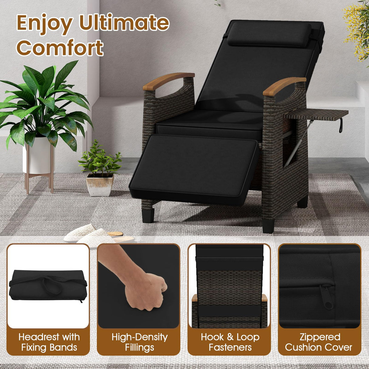 HAPPYGRILL Outdoor Rattan Wicker Chaise Lounge Recliner Chair with Adjustable Backrest & Footrest, Push Back Outside Seat w/Cushion & Flip Table for Backyard, Porch, Balcony (Black,1) HAPPYGRILL