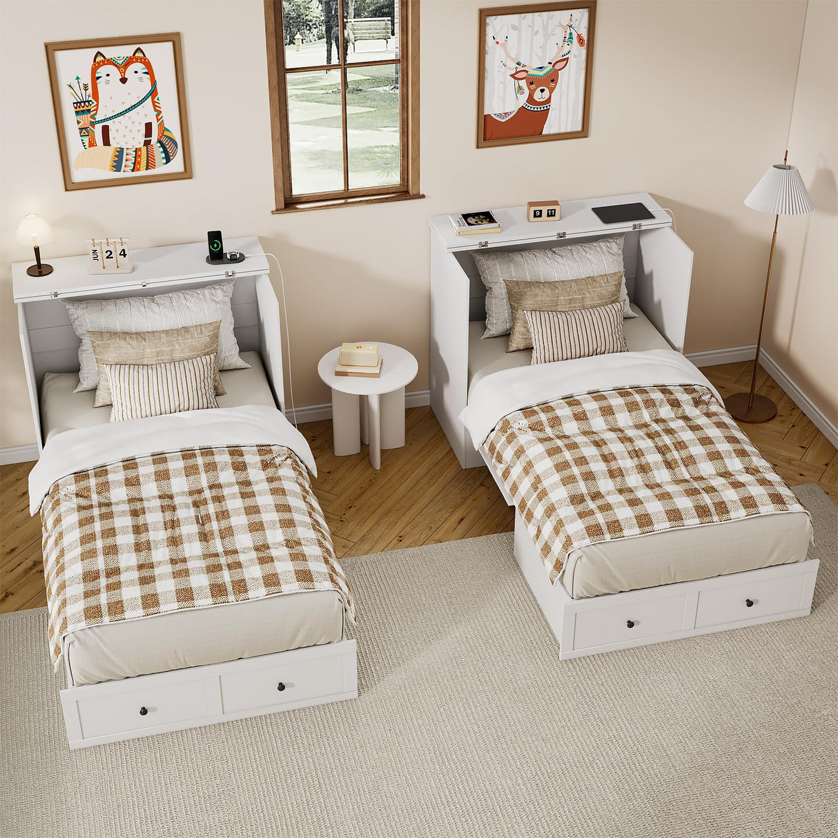 LIVAUVEAD Twin Murphy Bed with Built-in Charging Station, Space-Saving Murphy Bed Chest Twin with Drawer, Foldable, for Home Office Guest Room Bedroom White LIVAUVEAD