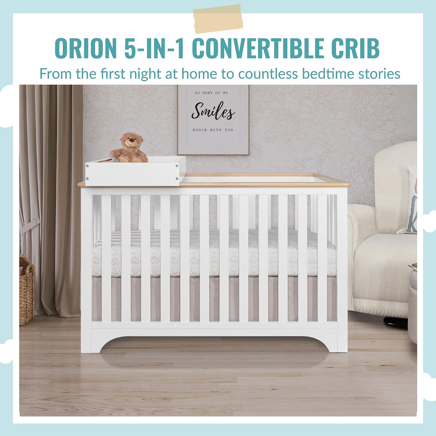 Dream On Me Orion 5-in-1 Convertible Crib with Removable Changing Tray in Vintage White Oak, JPMA & Greenguard Gold Certified, Made of Sustainable New Zealand Pinewood - WoodArtSupply