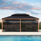 PURPLE LEAF 14' X 20' Outdoor Hardtop Gazebo for Patio Galvanized Steel Double Roof Permanent Canopy Teak Finish Coated Aluminum Frame Pavilion Gazebo with Netting PURPLE LEAF