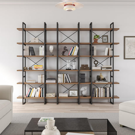 Brown Walnut Color 6 Tiers Display and Storage Room Divider Bookcase 85" H X W 12.6" D Black Modern Contemporary MDF Metal Finish Includes Hardware WoodArtSupply