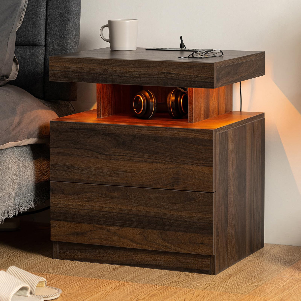 HOMMPA Set of 2 LED Nightstand with Wireless Charging Station Dark Walnut Mid Century Wood Bedside Table with Led Light Smart Nightstand USB Port Night Table with 2 Drawers LED Night Stand for Bedroom HOMMPA