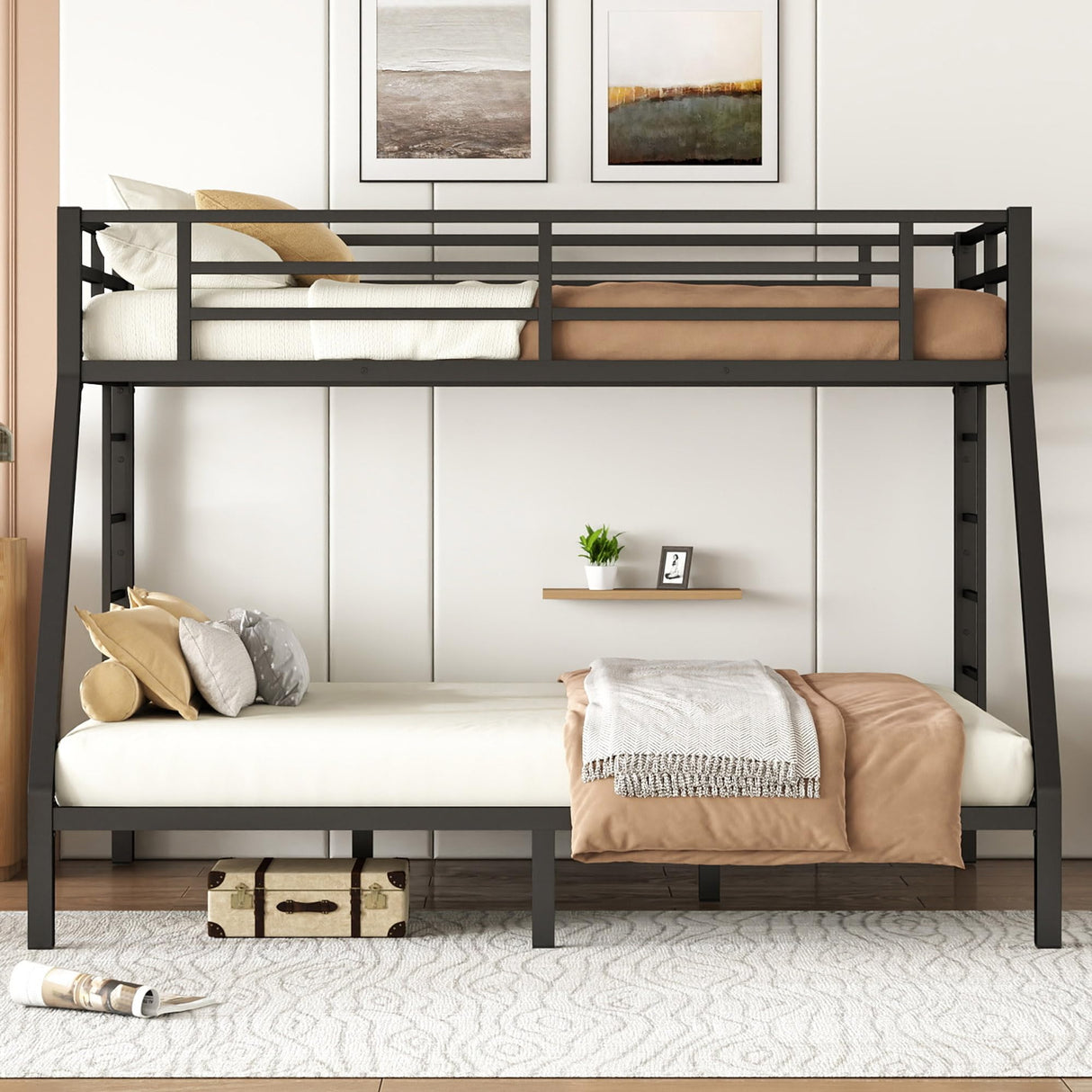 Bellemave Metal Bunk Bed Twin XL Over Queen with Ladder ＆ Full-Length Guardrails, Heavy Duty Bunk Bed Frame with Sturdy Slats, Twin XL Over Queen Bunk Beds, Noise Free, No Box Spring Needed, Black Bellemave