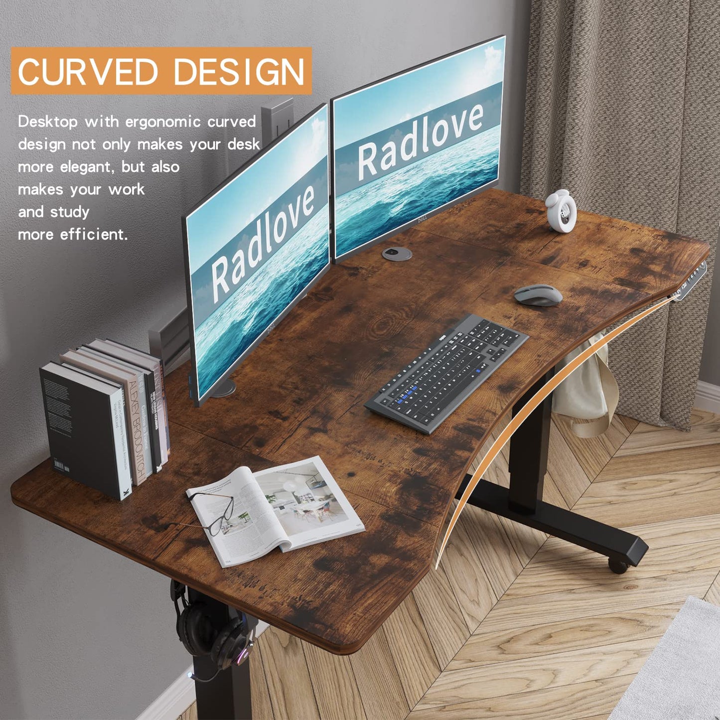 Radlove Electric Height Adjustable Standing Desk, 55'' x 30'' Stand Up Desk Workstation, Splice Board Home Office Computer Standing Table Height Adjustable Computer Desk Rustic Brown Top+Blac - WoodArtSupply