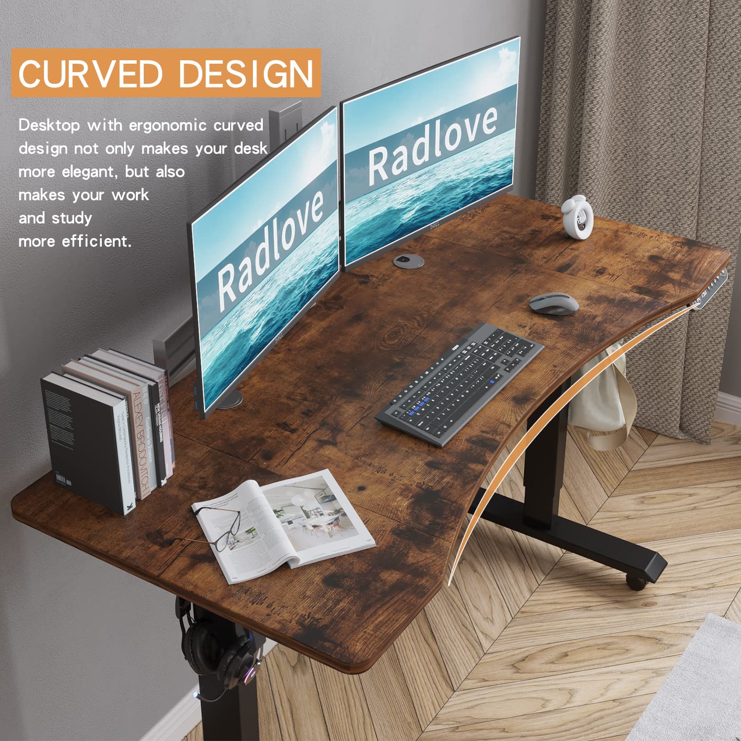 Radlove Electric Height Adjustable Standing Desk, 55'' x 30'' Stand Up Desk Workstation, Splice Board Home Office Computer Standing Table Height Adjustable Computer Desk Rustic Brown Top+Blac - WoodArtSupply