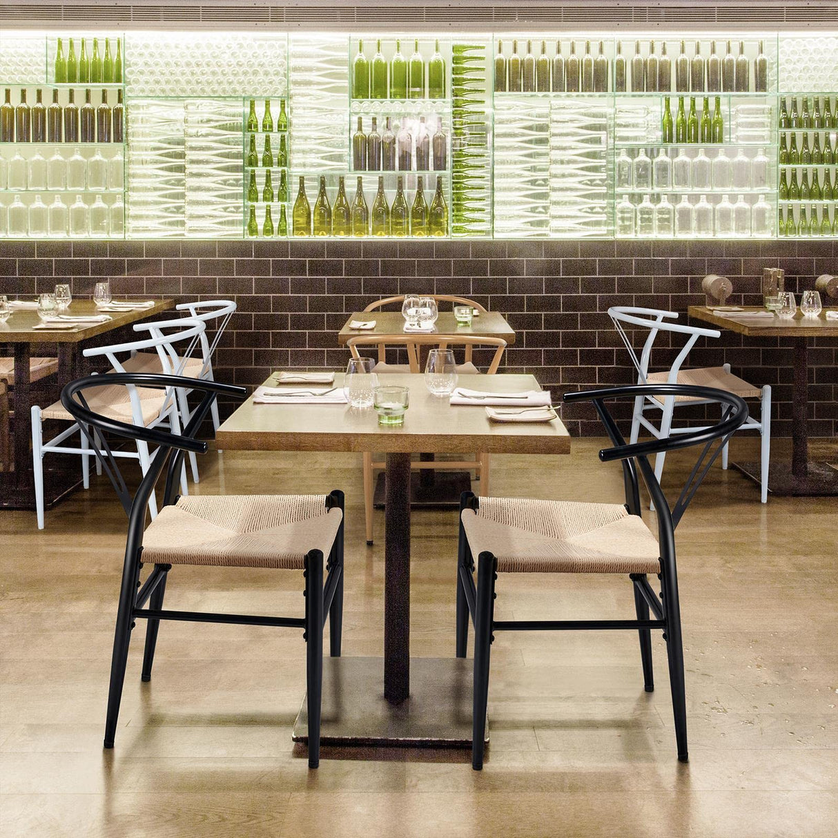 Yaheetech Set of 4 Weave Chair Mid-Century Metal Dining Chair Y-Shaped Backrest Hemp Seat, Black Yaheetech