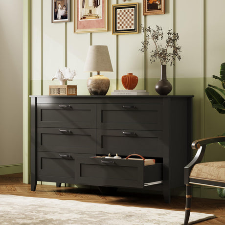 WLIVE 6 Drawer Dresser, Retro Chest of Drawers with Metal Handle, Double Wood Dresser for Bedroom, Living Room, Large Storage Cabinet, Black WLIVE