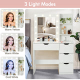 JoanKaren Modern Vanity Makeup Desk with Vanity Mirror, Built-in Lights, 4 Drawers, Crystal Ball Knobs, Power Outlet, White Makeup Desk for Bedroom JoanKaren