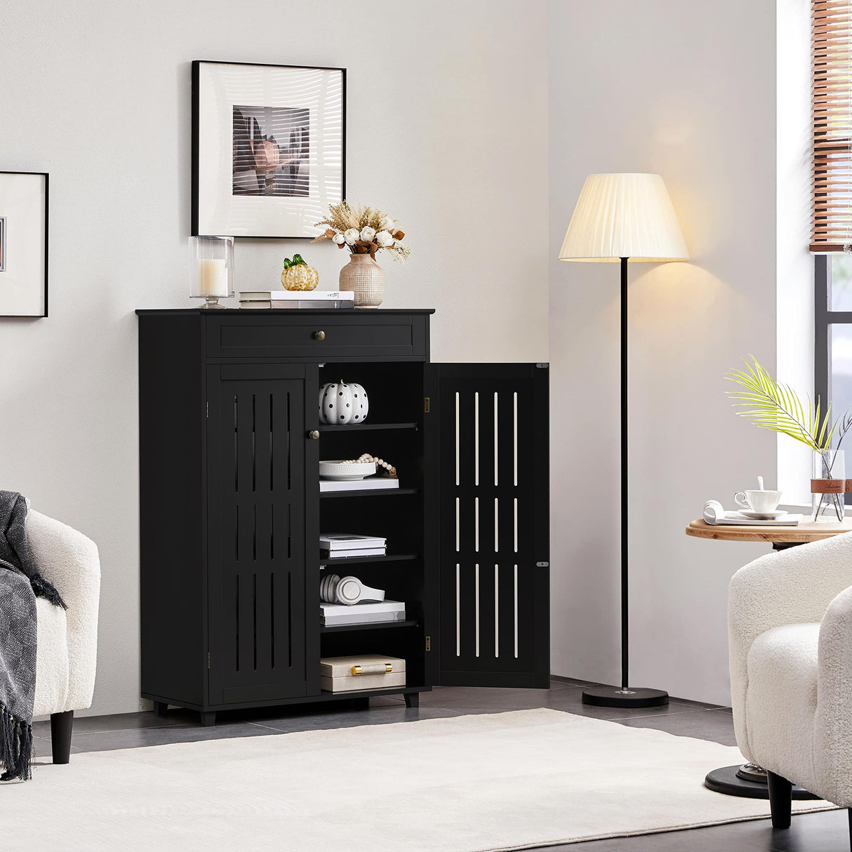 Yaheetech Storage Cabinet Floor Storage Organizer Wooden Cabinet with Drawer 2 Doors for Entryway Living Room Furniture Black Yaheetech