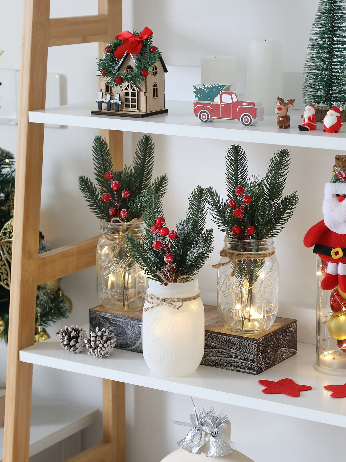 Christmas Mason Jar Centerpiece for Table with LED Lights & Artificial Plants, Set of 3 Farmhouse Decorative Mason Jars for Christmas Home Decor, Winter Kitchen Dining Table Centerpiece Maracco