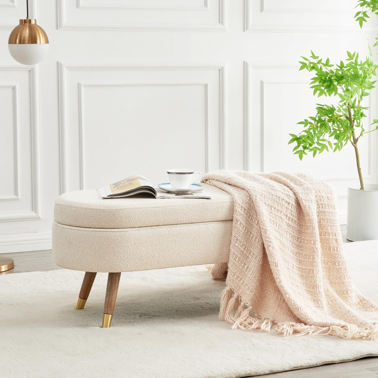 IAFIKE Oval Storage Bench 43.5" Ottoman Bench Upholstered Boucle Fabric Footrest Bench with Golden Metal Legs End of Bed for Bedroom, Living Room, Entryway,Bed Side (Beige) IAFIKE
