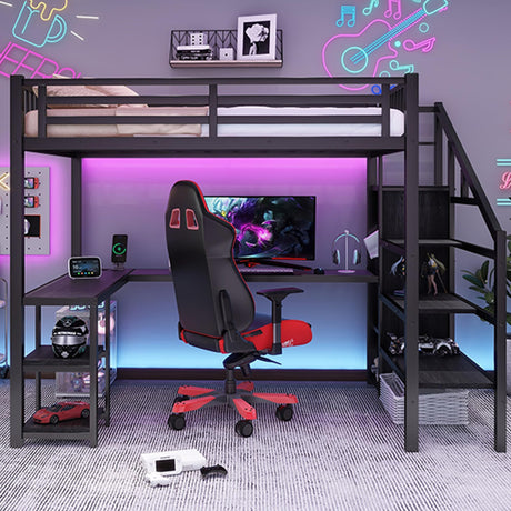 Full Size Loft Bed with Desk,Metal Heavy Duty Full LoftBed with Stairs,Wardrobe and Shelves, High Gaming Loft Beds with LED Light and USB Charging Station for Kids, Teens, Adults, Black Mirightone
