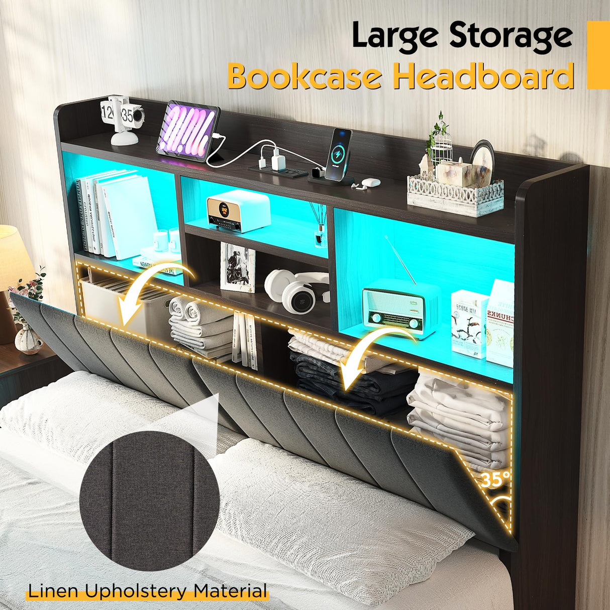 LUXOAK Full Farmhouse Bed Frame with Bookcase Headboard and 4 Drawers, LED Storage Bed with Charging Station & Linen Upholstered, No Box Spring Needed, Black LUXOAK