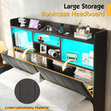 LUXOAK Full Farmhouse Bed Frame with Bookcase Headboard and 4 Drawers, LED Storage Bed with Charging Station & Linen Upholstered, No Box Spring Needed, Black LUXOAK