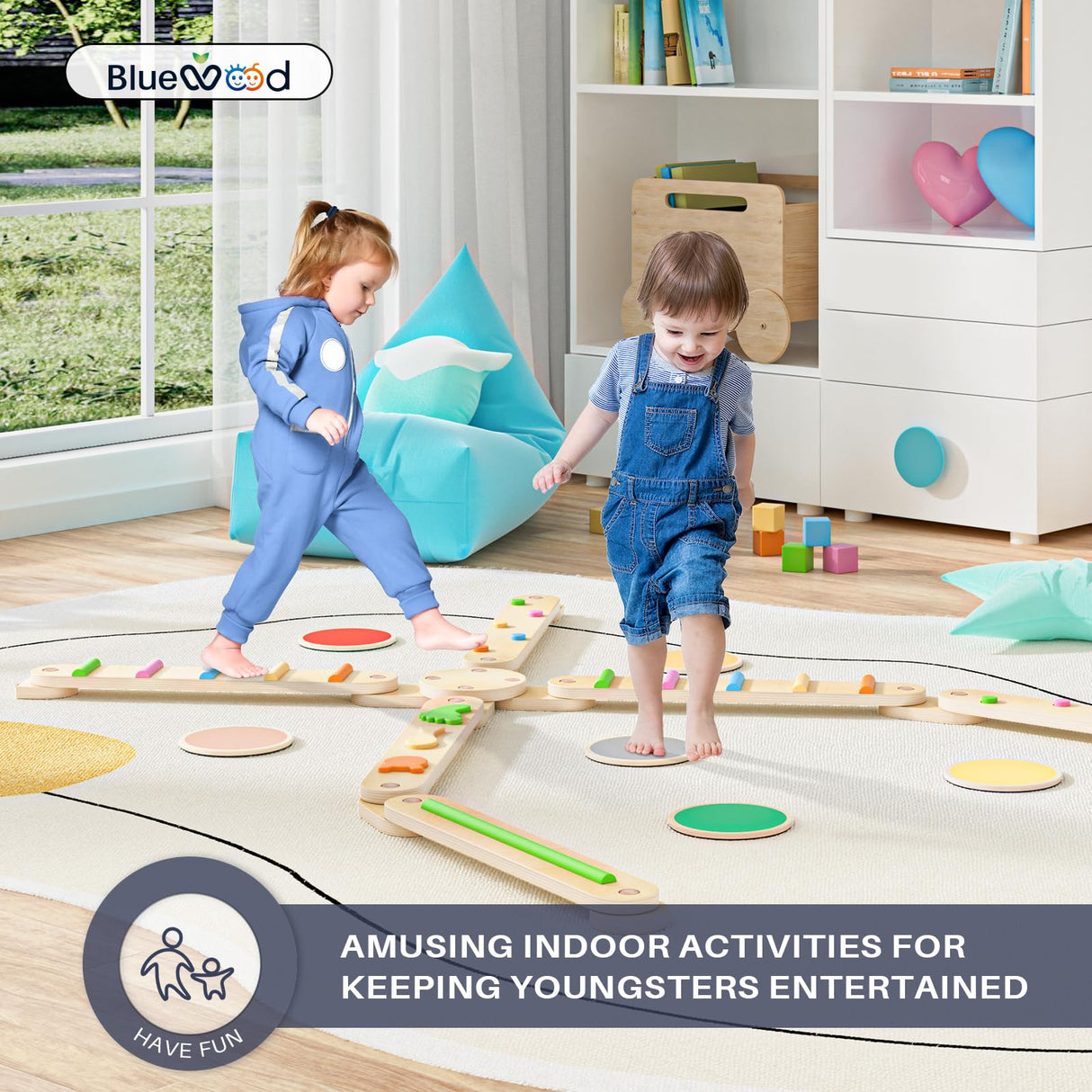 BlueWood 6pcs Balance Beam, Toddler Wood Balance Toy, Montessori Stepping Stones for Girls Boys, Build Coordination and Gross Motor Skills for Kids BlueWood