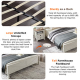 Farmhouse Antique White Queen Bed Frame with Storage Headboard and Barn Door Elegance T4TREAM