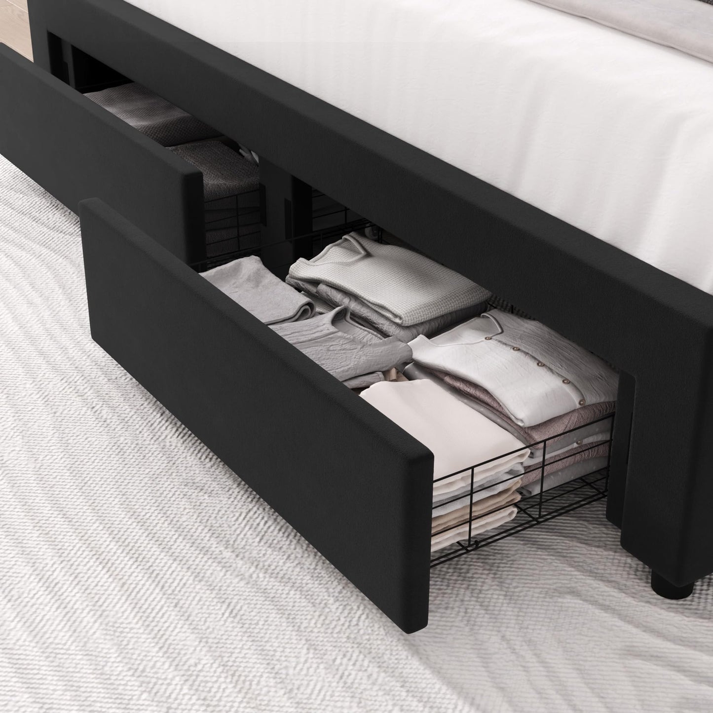 HITHOS Black Upholstered LED Bed Frame with Storage Drawers and Wingback Headboard - WoodArtSupply