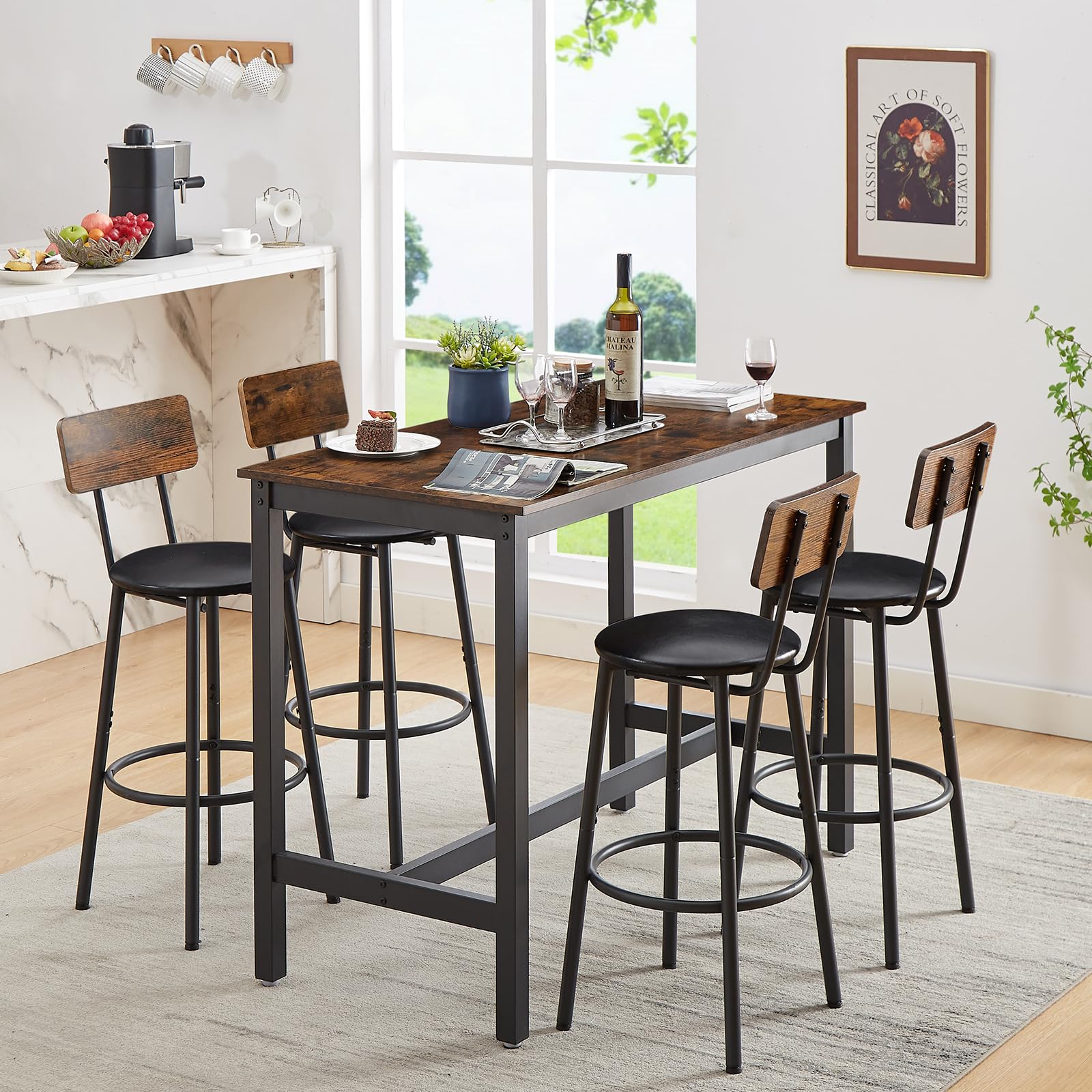 VEPXXP Rustic Brown 5-Piece Counter Height Dining Table Set for 4 with PU Stools - WoodArtSupply